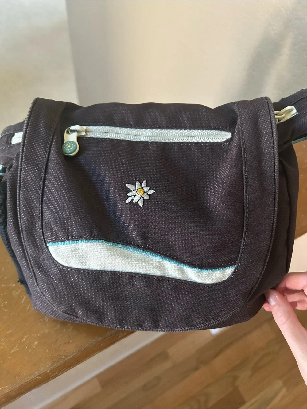 Sherpani Brown Crossbody Shoulder Bag with Teal and White Trim With Wallet
